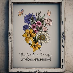 Digital Birth Flower Family Bouquet, Birth Month Flower Art, Hand Drawn Art, Birth Month Flower Print, Personalized Gift, Digital Download