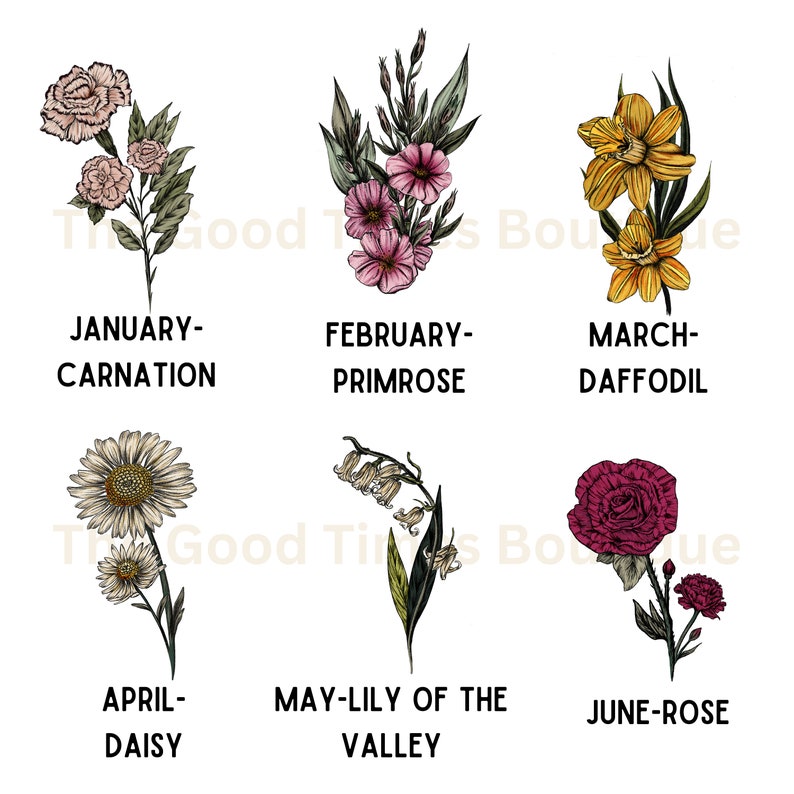 Birth Flower Family Bouquet, Birth Month Flower Art Custom, Hand Drawn