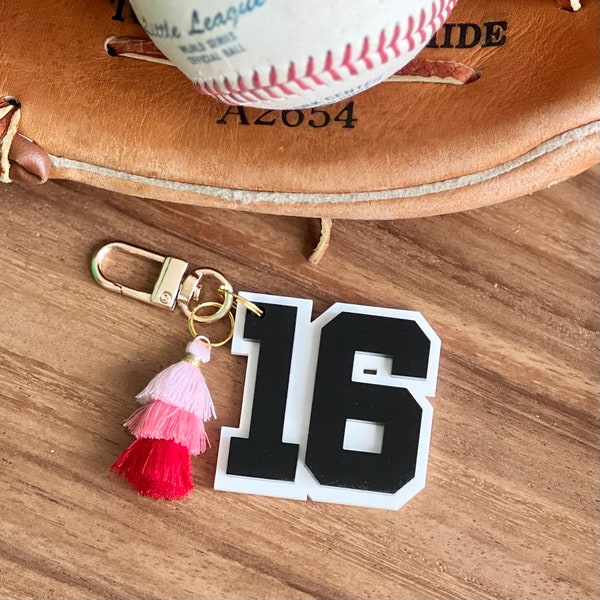 Varsity Number Keychain with Mini Ombre Tassel | Initial Zipper Pull | Sports Bag Tag | Personalized Backpack Tag | Lunchbox Tag | Bag Tag