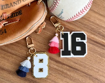 Varsity Number Keychain with Mini Ombre Tassel | Initial Zipper Pull | Sports Bag Tag | Personalized Backpack Tag | Lunchbox Tag | Bag Tag