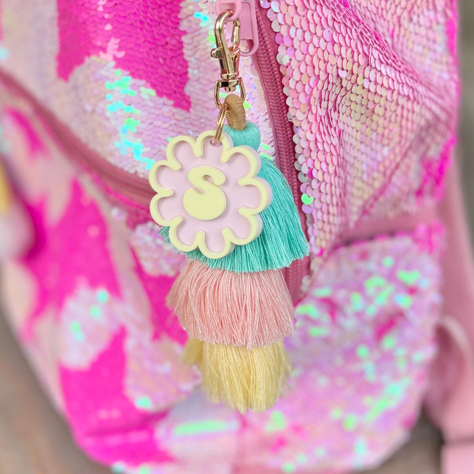 Retro Personalized Flower Monogram Tassel Charm with Clasp | Flower Initial Keychain| | Boho Zipper Pull | Initial Ombre Tassel Flower