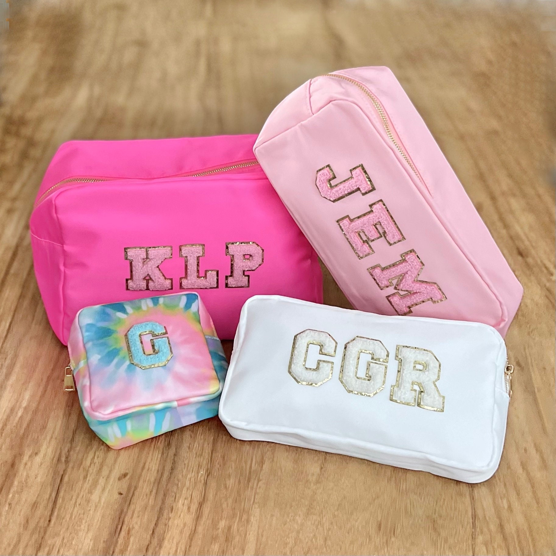 4 Pcs Preppy Cute Patch Makeup Bags Nylon Toiletry Cosmetic Bags Travel  Chenille Skincare Pouch for Women Gifts Stuff Daily Use Storage Purse