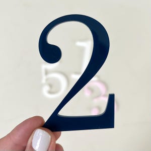 May include: A navy blue number 2 cut-out, held by a hand with a white painted nail. Other numbers in white and pink are visible in the background. The number has a decorative, cursive font.