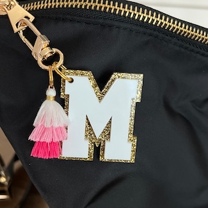 Varsity Letter Keychain with Mini Ombre Tassel | Initial Zipper Pull | Acrylic Keychain | Personalized Backpack Tag |Initial bag keychain