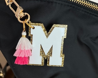 Varsity Letter Keychain with Mini Ombre Tassel | Initial Zipper Pull | Acrylic Keychain | Personalized Backpack Tag |Initial bag keychain