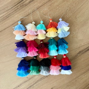 May include: A set of 18 colorful tassel ornaments with three layers of fringe. The tassels are in shades of blue, purple, pink, red, orange, yellow, and green.