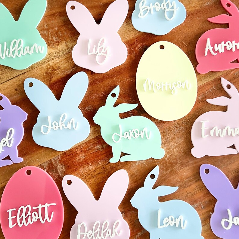 May include: A set of pastel colored bunny and egg shaped place cards with names written on them. The names include William, Lily, Brody, Aurora, Morrison, John, Jaxon, Emma, Elliott, Delilah, Leon, and Ja.
