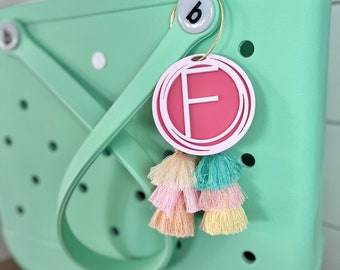 Personalized Initial Bag Charm | Initial Beach Tote Tag | Last Name Initial Inside Overlapping Rings | Letter Bogg Charm | Bogg Bag Tassel