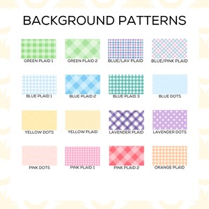 May include: A chart showing 16 different background patterns. The patterns include green, blue, yellow, lavender, pink, and orange plaid, as well as blue, yellow, lavender, and pink dots.
