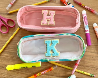 Personalized Pencil Case | Clear Front Pencil Case with Initials | Makeup Case with Letters | Monogram Travel bag | Back to School Patch Bag