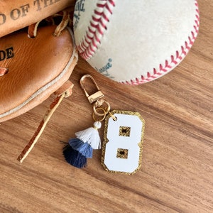 Varsity Number Keychain with Mini Ombre Tassel | Initial Zipper Pull | Sports Bag Tag | Personalized Backpack Tag | Lunchbox Tag | Bag Tag