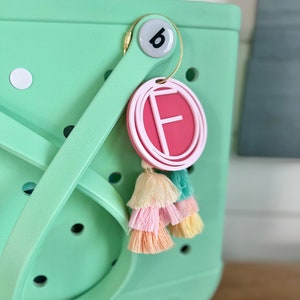 Personalized Name Bag Charm | Name Beach Tote Tag | Cursive Name Inside Overlapping Rings Tassel | Acrylic Name Keychain | Bogg Bag Tassel image 3