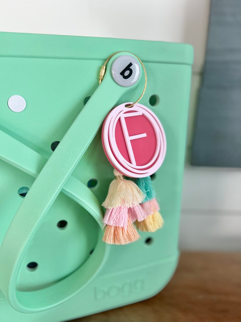 Personalized Name Bag Charm | Name Beach Tote Tag | Cursive Name Inside Overlapping Rings Tassel | Acrylic Name Keychain | Bogg Bag Tassel image 3