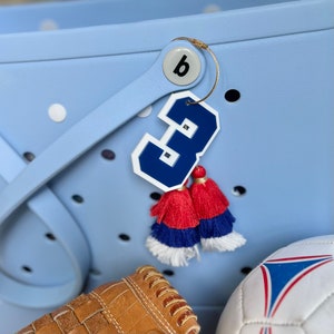 Varsity Number Tag with Tassels | Sports Number Bag Tag | Sports Mom Bag Tag | Player Number Bag Tag | Bogg Bag Tag | Personalized Bag Tag