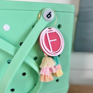 Personalized Initial Bag Charm Name Beach Tote Tag Last Name Initial Inside Overlapping Rings Acrylic Name Keychain Bogg Bag Tassel image 4
