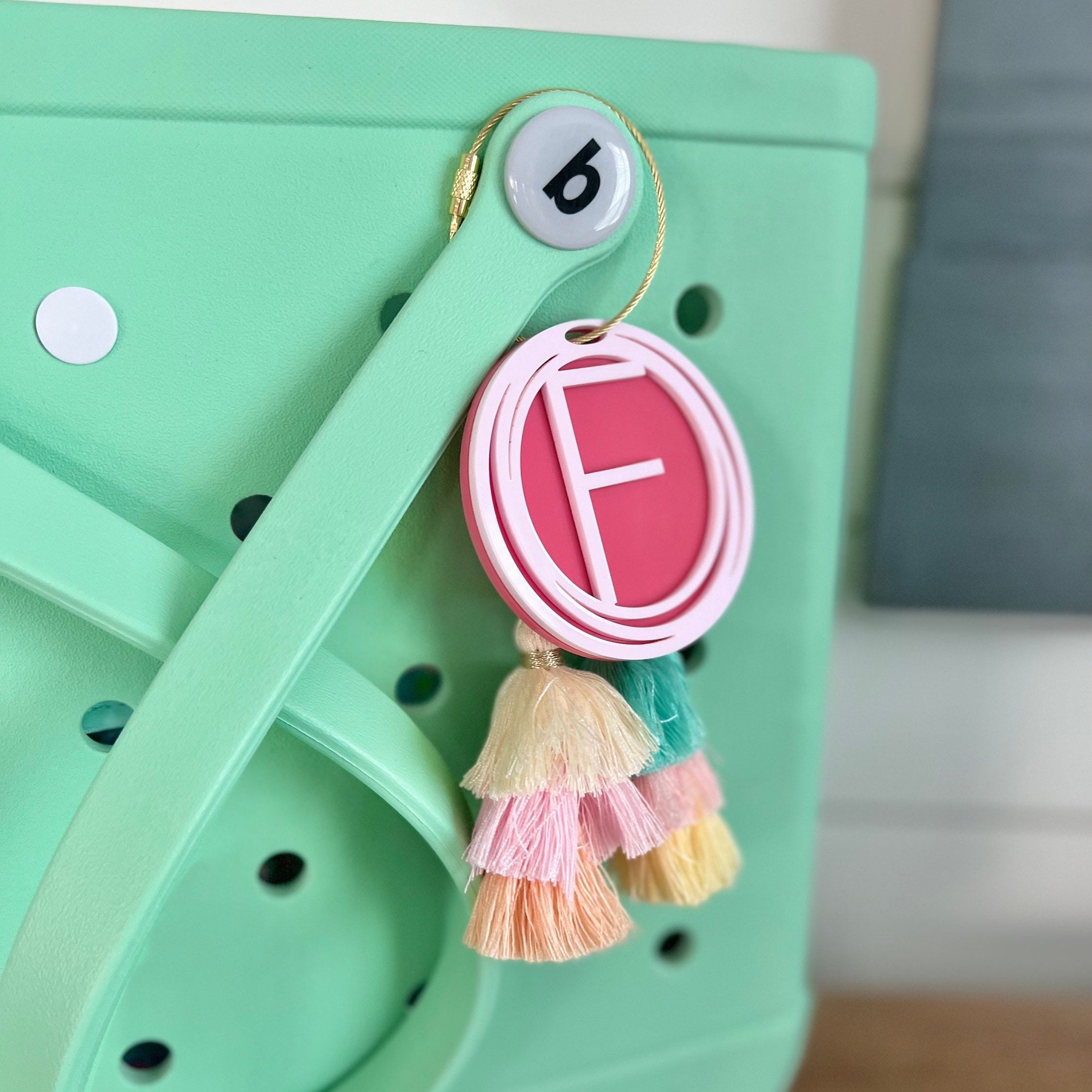 Personalized Initial Bag Charm, Name Beach Tote Tag with Last Name Initial Inside Overlapping Rings, Acrylic Name Keychain & Bogg Bag Tassel Accessory