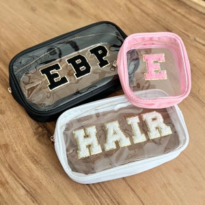 NEW Makeup Bag Personalized | Custom Make Up Bag | Bridesmaids Cosmetic Bag | Clear Bag With Patch | PVC Travel Bag | Initial Toiletry Bag