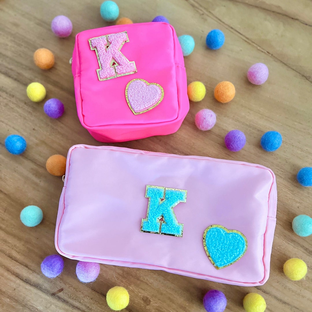 HEART & INITIAL PATCH Nylon Bag Valentines Gift Bag Cosmetic Bag Love