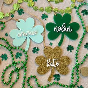 St. Patrick's Day Basket Tags | Shamrock Name Tags | St. Patty's Day Gift Basket | Irish Four Leaf Clover Name Charm | Kids Leprechaun Gift