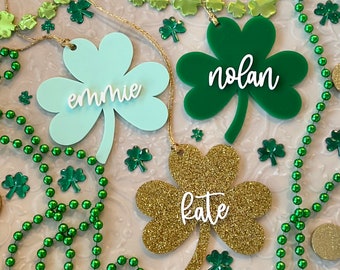 St. Patrick's Day Basket Tags | Shamrock Name Tags | St. Patty's Day Gift Basket | Irish Four Leaf Clover Name Charm | Kids Leprechaun Gift