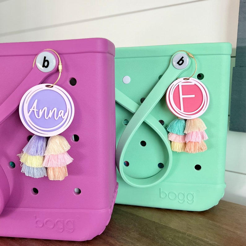 Personalized Name Bag Charm | Name Beach Tote Tag | Cursive Name Inside Overlapping Rings Tassel | Acrylic Name Keychain | Bogg Bag Tassel image 5