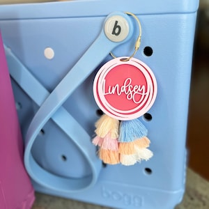Personalized Name Bag Charm | Name Beach Tote Tag | Cursive Name Inside Overlapping Rings Tassel | Acrylic Name Keychain | Bogg Bag Tassel image 2