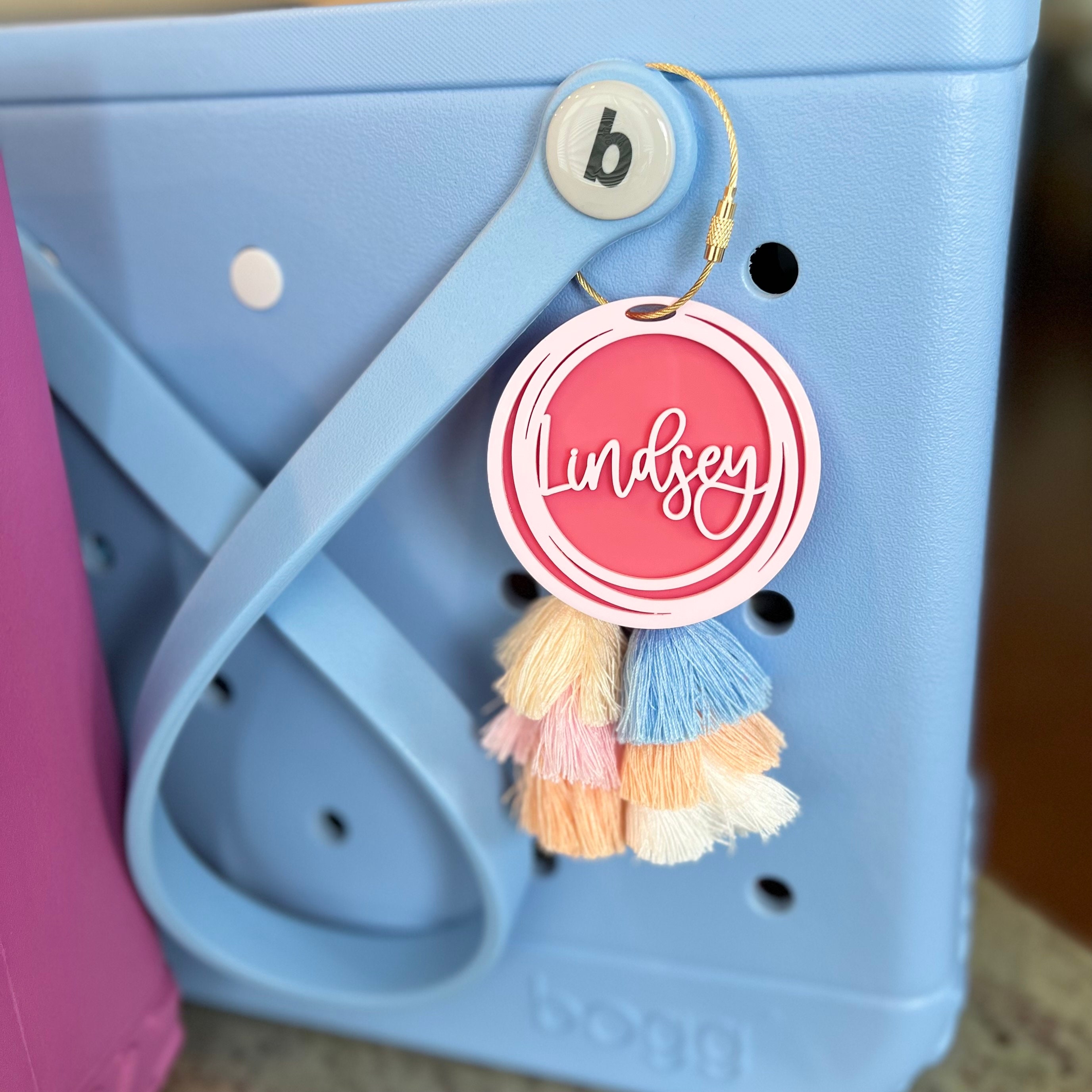 Personalized Initial Bag Charm, Name Beach Tote Tag with Last Name Initial Inside Overlapping Rings, Acrylic Name Keychain & Bogg Bag Tassel Accessory