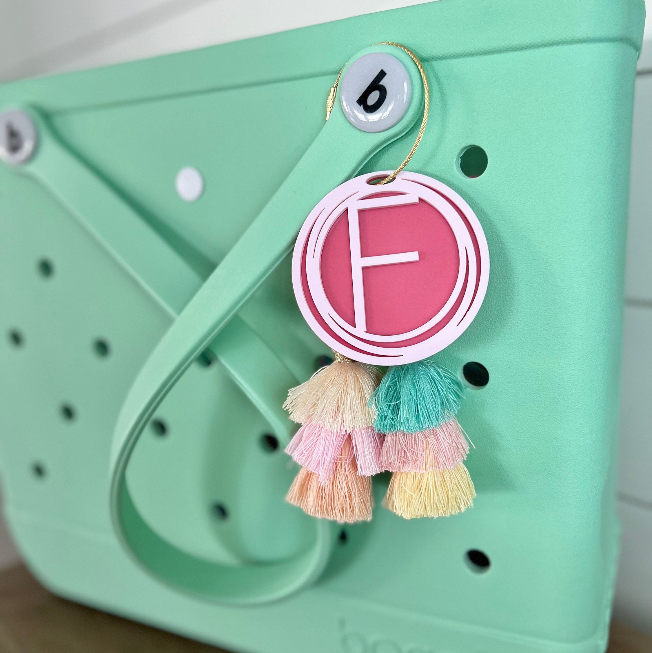 Personalized Initial Bag Charm, Name Beach Tote Tag with Last Name Initial Inside Overlapping Rings, Acrylic Name Keychain & Bogg Bag Tassel Accessory