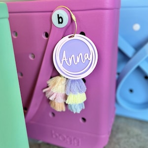 Personalized Name Bag Charm | Name Beach Tote Tag | Cursive Name Inside Overlapping Rings Tassel | Acrylic Name Keychain | Bogg Bag Tassel