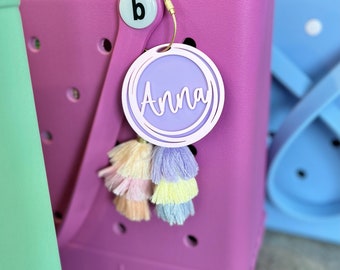 Personalized Name Bag Charm | Name Beach Tote Tag | Cursive Name Inside Overlapping Rings Tassel | Acrylic Name Keychain | Bogg Bag Tassel