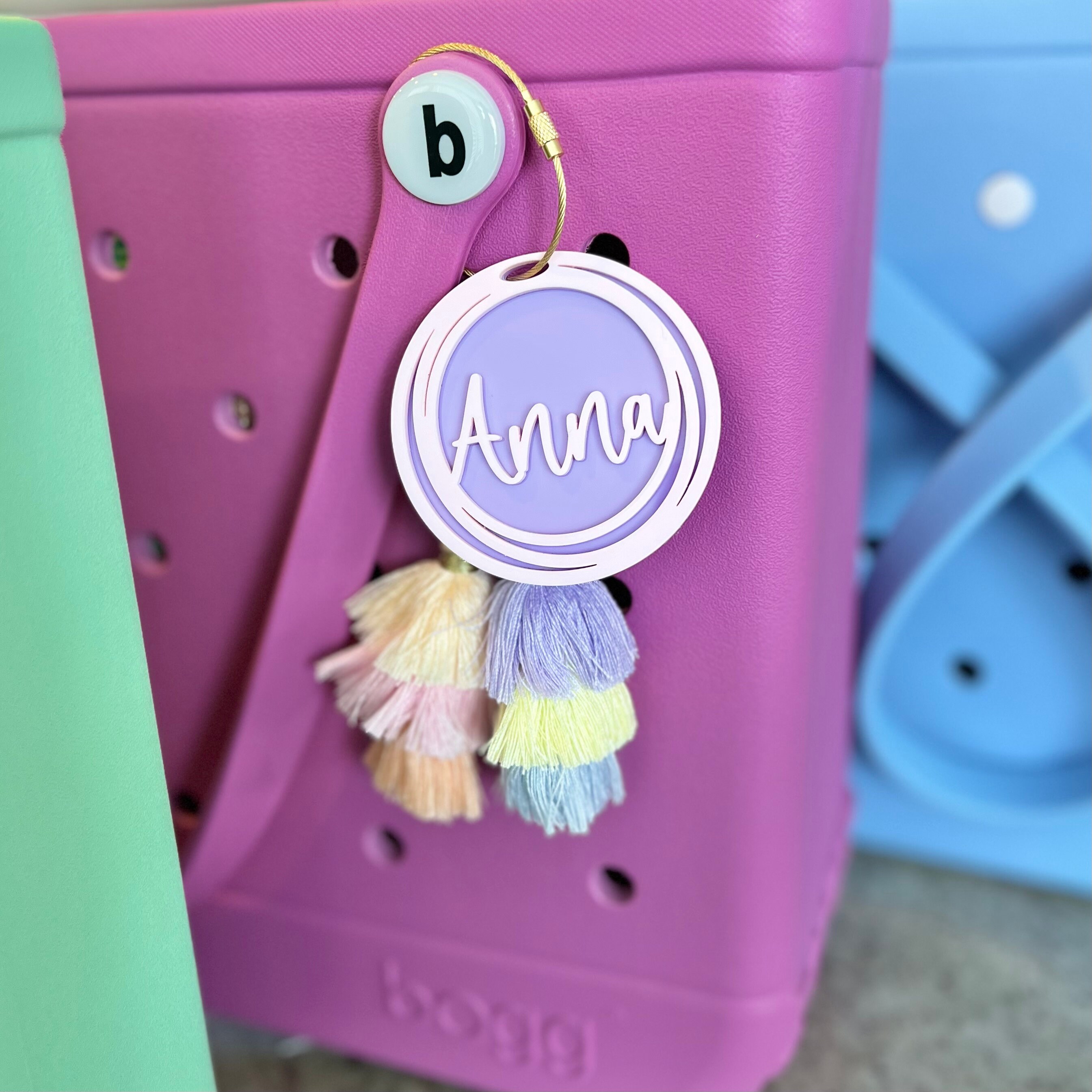 Personalized Initial Bag Charm, Name Beach Tote Tag with Last Name Initial Inside Overlapping Rings, Acrylic Name Keychain & Bogg Bag Tassel Accessory