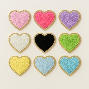 Chenille Heart Patches with Gold Glitter Trim | Custom Craft Patches For Bags | Heart Shaped Patches | Fuzzy Heart Patches | Adhesive Patch
