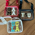 Game Day Bag With Varsity Letter Patches | Clear Stadium Bag With Team Patches | Clear Over Shoulder Bag with Initials | TSA Crossbody bag