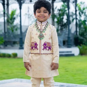 Boys Sherwani Style Jacket and Kurta with Handcrafted Elephant Design—Custom Outfit for Birthday Diwali Eid Annaprashan Wedding