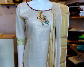 Vishu special kerala Tissue kurti with shawl- Traditional wear