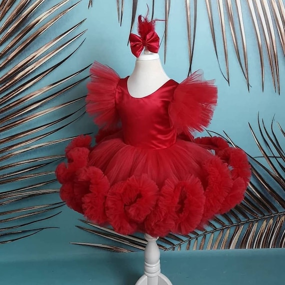 Red Frocks for Kids Red Long Tail Princess Frock First Birthday