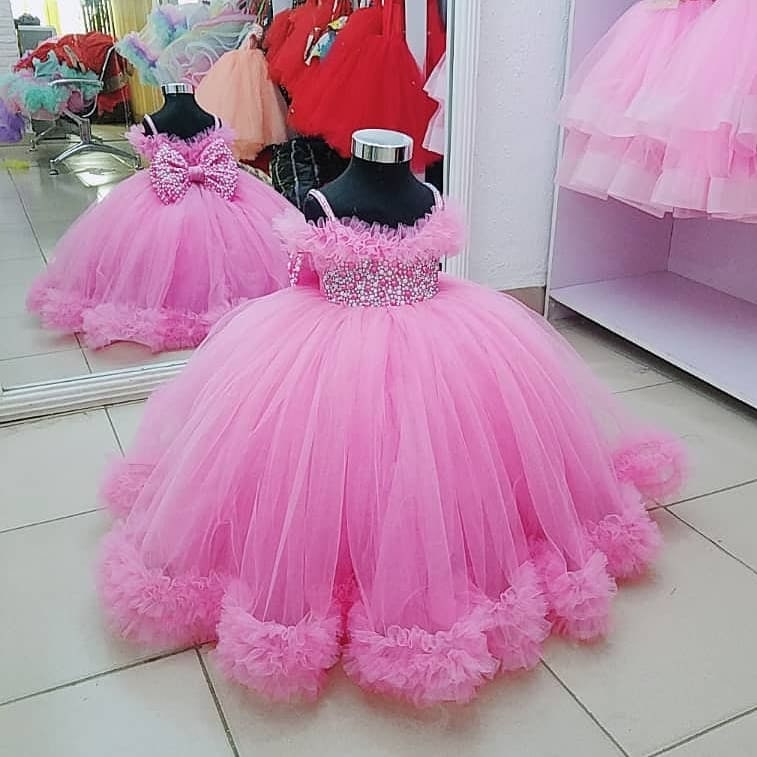 Pink Ribbon Printed Kids Stylish Western Dress
