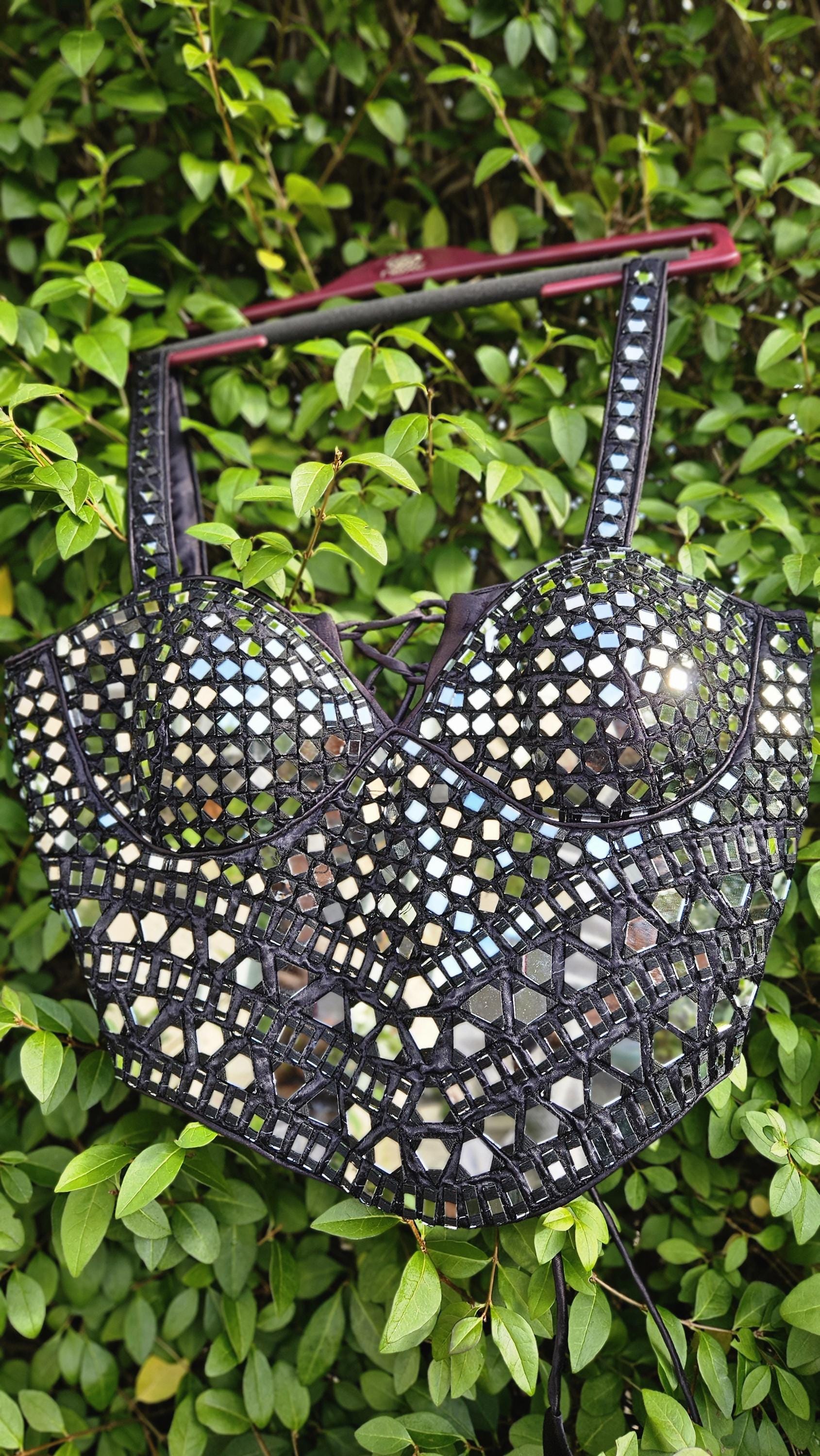 Black Mirror Corset Top Mosaic Glass Bustier Statement Party Top Size 32-36