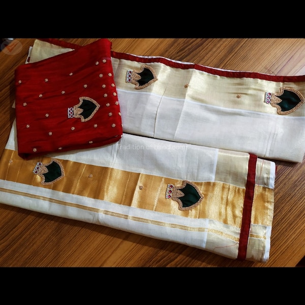 Women's Kerala Tissue Set Mundu - Handmade Palakka and Nagapadam designs - First Quality