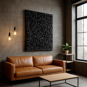Black Textured Wall Art – 3D Abstract Sculpture – Gothic Minimalist Painting – Modern Dark Home Decor