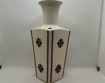 Vintage Hand Crafted Ukrainian Vase White Patterned Vase with Black and Red Detail