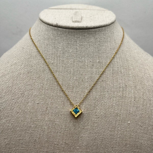 Vintage D'ORLAN Gold Tone Square Necklace with Blue Gemstone