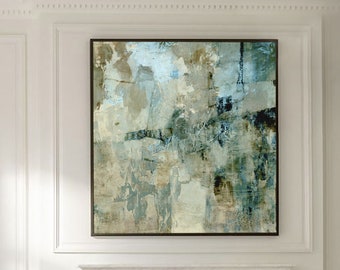 Teal Beige Abstract Painting: Large Modern Canvas Wall Art