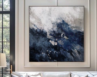 Navy Blue and White Paintings, Dark Navy Blue Canvas Wall Art