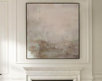 Neutral Wall Art, Large Original Beige Abstract Painting, Extra Large Wall Art With Teal