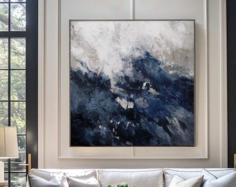 Navy Blue and White Paintings, Dark Navy Blue Canvas Wall Art