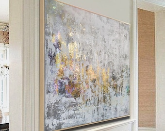 Extra Large White and Gold Wall Art, Abstract Contemporary Canvas Painting