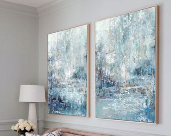 Blue & White Acrylic Wall Art Set: Two Piece Textured Canvas Decor