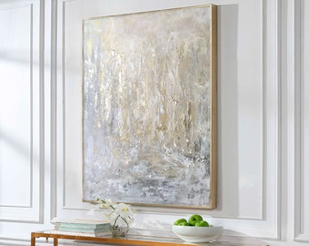 Silver White and Gold Abstract Painting on Canvas, Original Wall Art