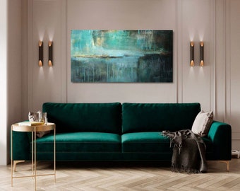 Panoramic Long Canvas Art, Original Modern Abstract Painting in Green and Gold